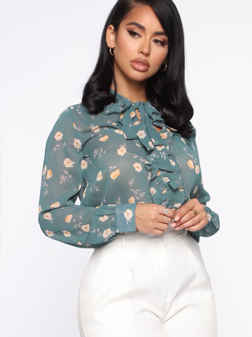 Fashion Nova Teal Green Floral Tie-Neck Ruffle Blouse